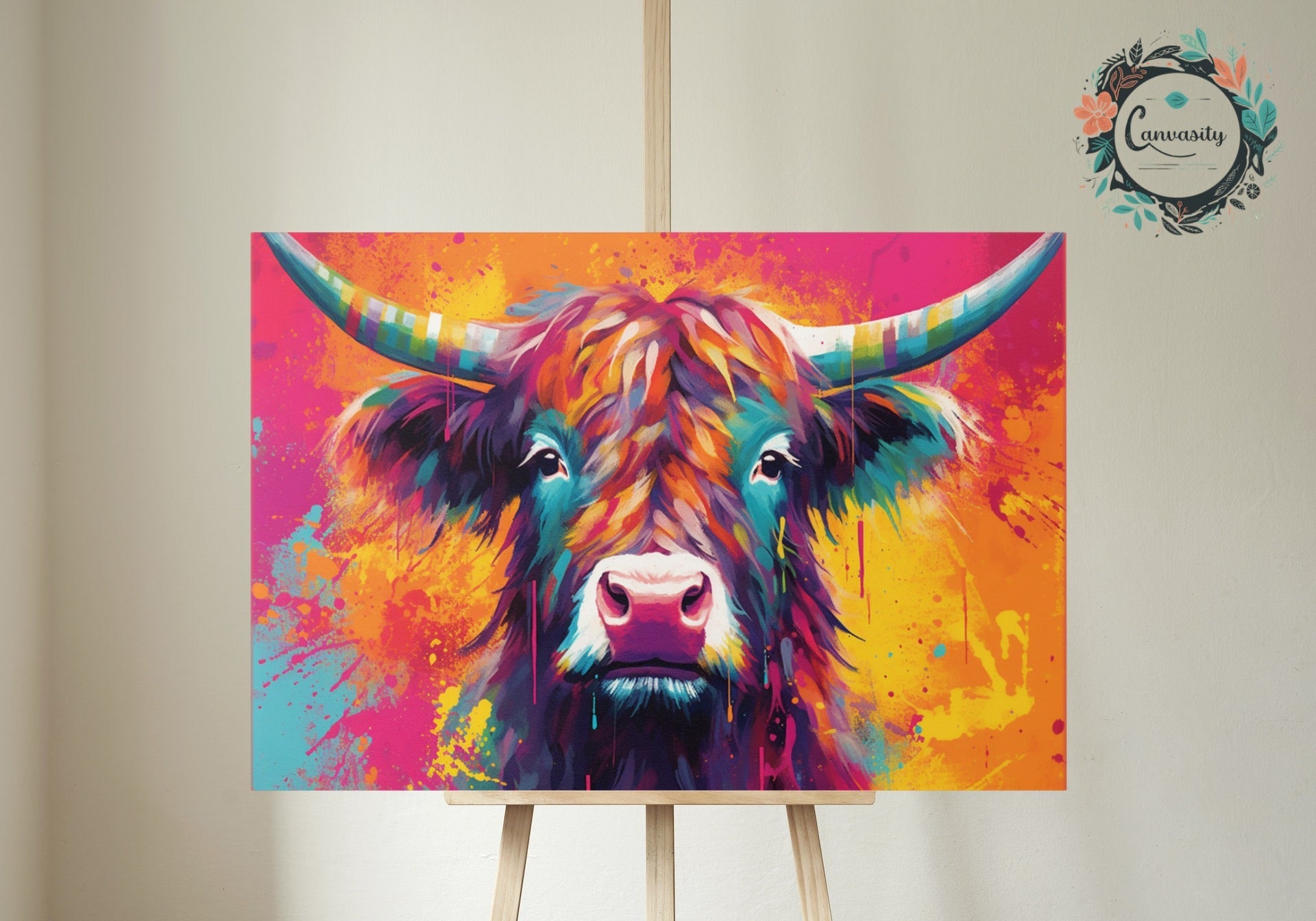 Bright Highland Cow in Orange and Pink - Stretched Canvas - Canvas - Colourful wall art by Canvasity Crafts