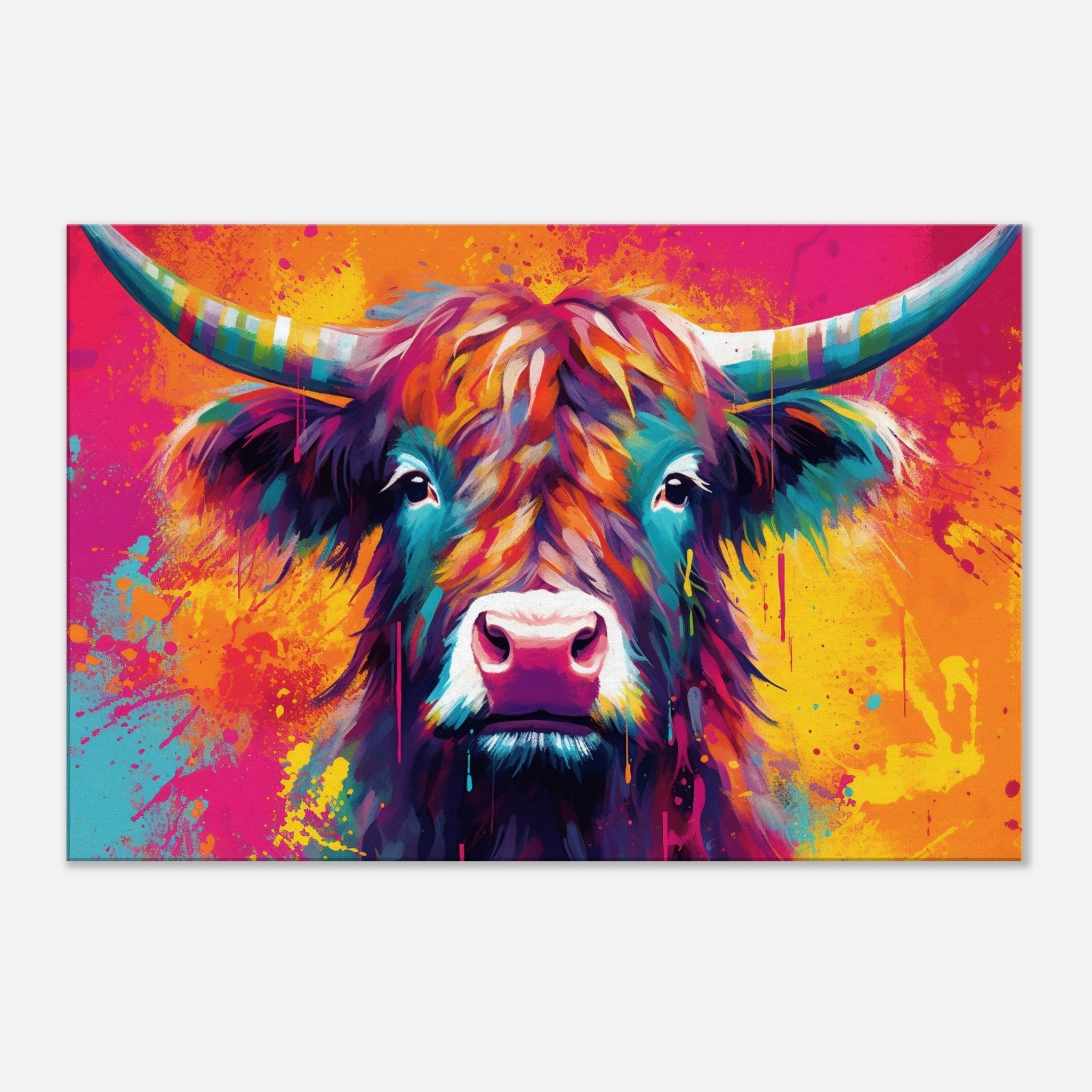 Bright Highland Cow in Orange and Pink - Stretched Canvas - Canvas - Colourful wall art by Canvasity Crafts