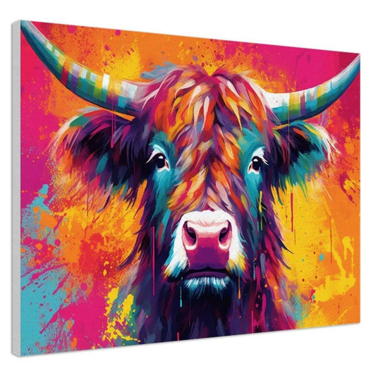 Bright Highland Cow in Orange and Pink - Stretched Canvas - Canvas - Colourful wall art by Canvasity Crafts