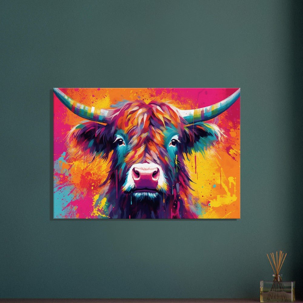 Bright Highland Cow in Orange and Pink - Stretched Canvas - Canvas - Colourful wall art by Canvasity Crafts