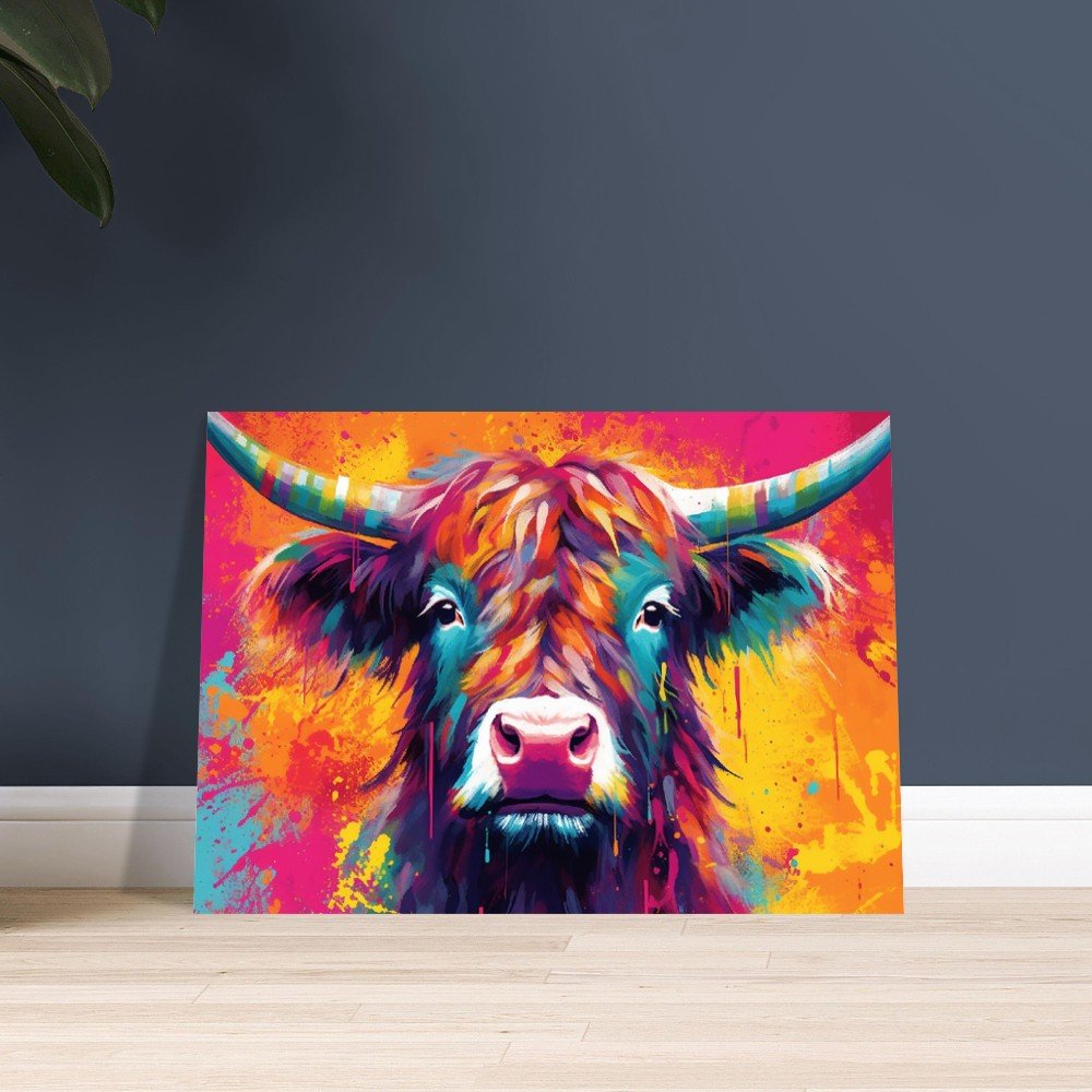 Bright Shaggy Highland Cow Print in Orange and Pink - Unframed - Matte Paper - Colourful wall art by Canvasity Crafts