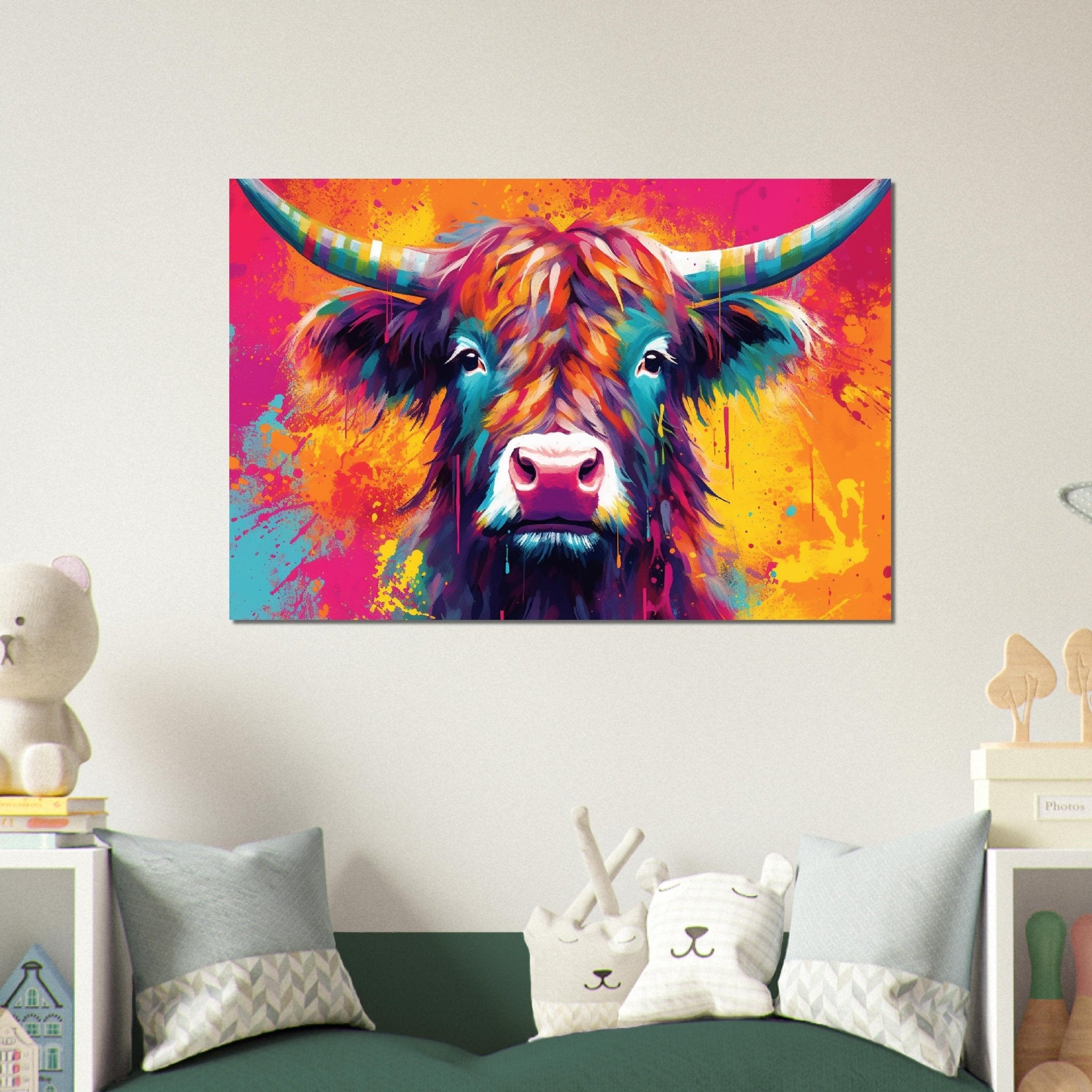 Bright Shaggy Highland Cow Print in Orange and Pink - Unframed - Matte Paper - Colourful wall art by Canvasity Crafts