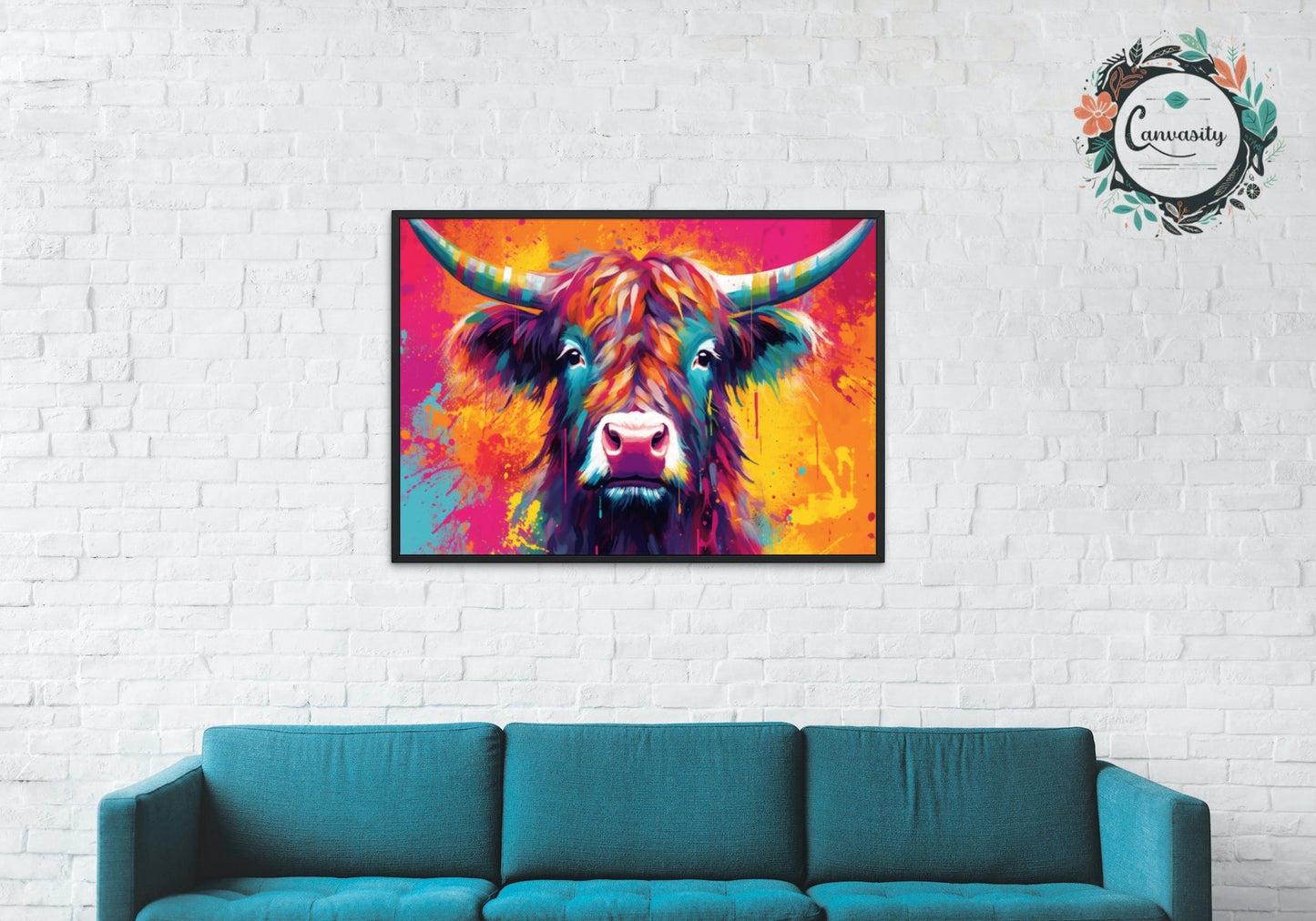 Bright Shaggy Highland Cow Print in Orange and Pink - Unframed - Matte Paper - Colourful wall art by Canvasity Crafts