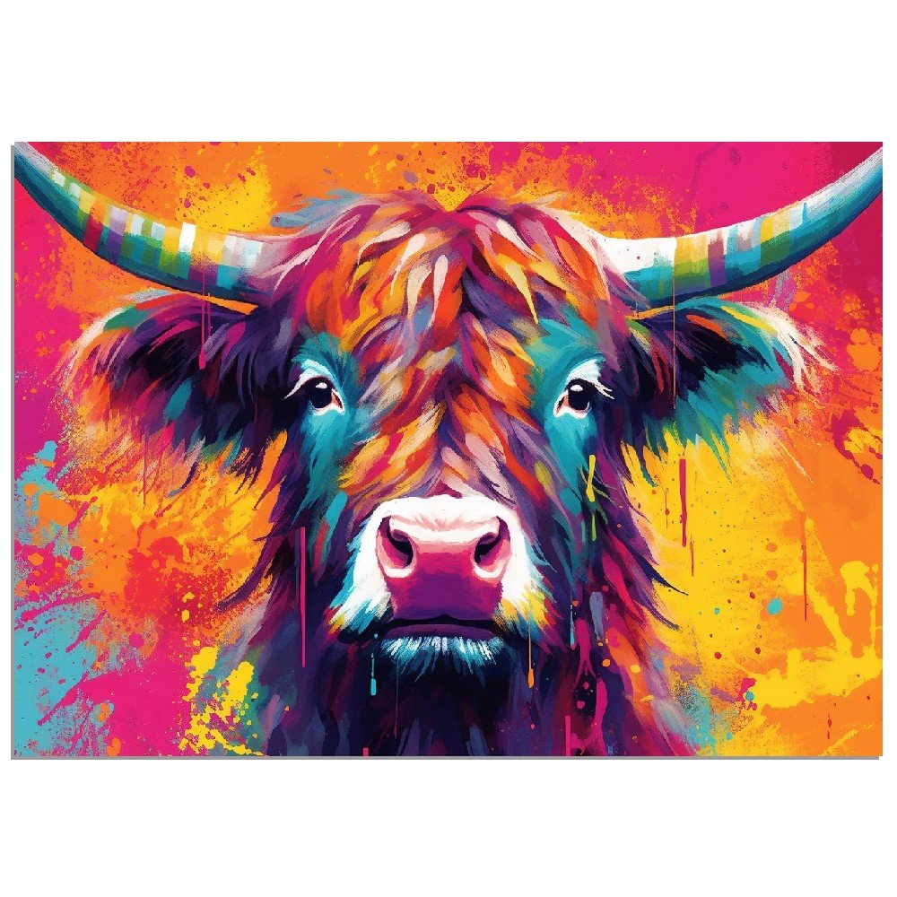 Bright Shaggy Highland Cow Print in Orange and Pink - Unframed - Matte Paper - Colourful wall art by Canvasity Crafts