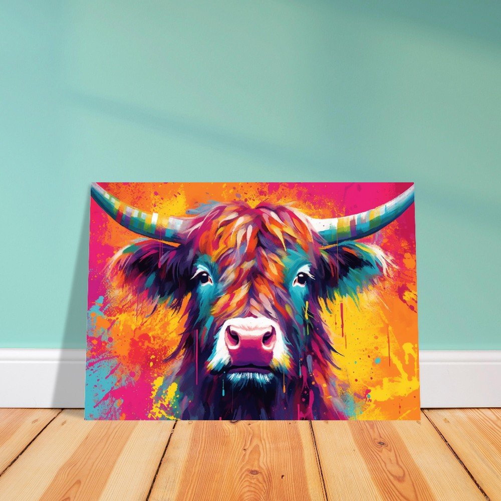 Bright Shaggy Highland Cow Print in Orange and Pink - Unframed - Matte Paper - Colourful wall art by Canvasity Crafts