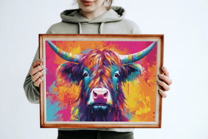 Bright Shaggy Highland Cow Print in Orange and Pink - Unframed - Matte Paper - Colourful wall art by Canvasity Crafts