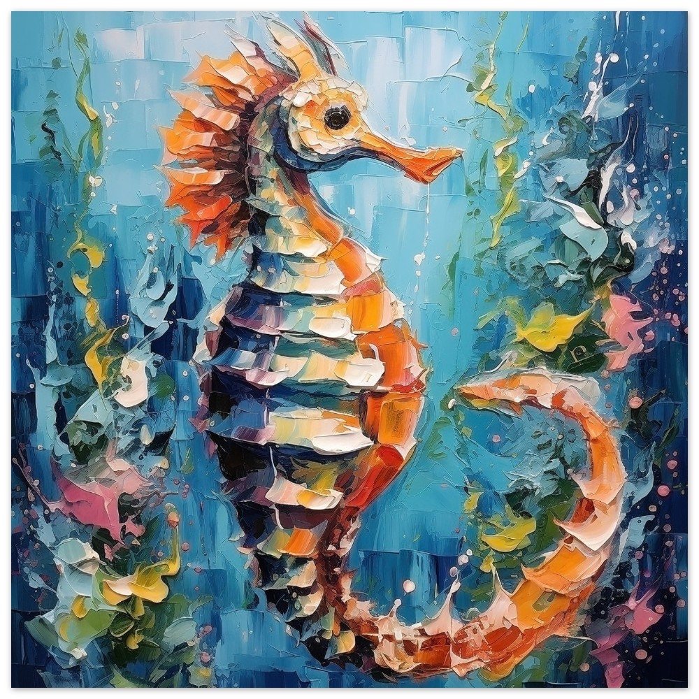 Bronze Seahorse Print Poster, Colourful Pallet Knife Sea Horse Painting, Rainbow Sealife Wall Art, Nautical Gift, Coastal Seaside Picture - Posters - Colourful wall art by Canvasity Crafts