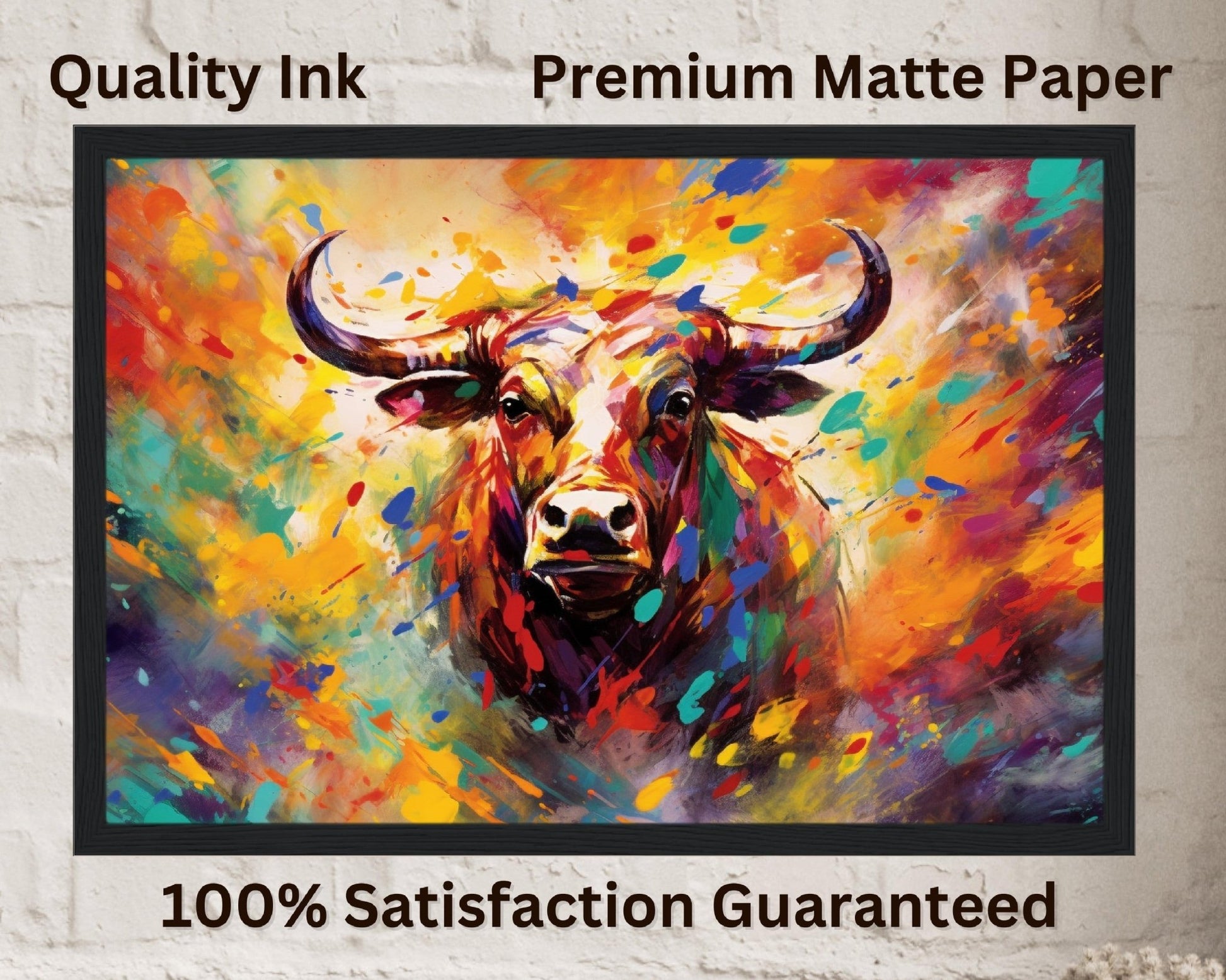 Bull Charging Through Colourful Mist Print - Unframed - Matte Paper - Colourful wall art by Canvasity Crafts