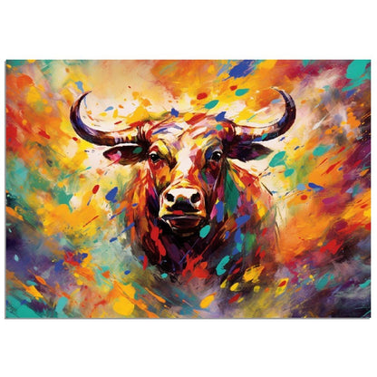 Bull Charging Through Colourful Mist Print - Unframed - Matte Paper - Colourful wall art by Canvasity Crafts