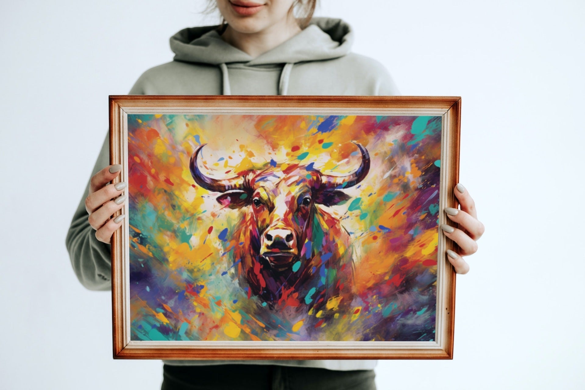 Bull Charging Through Colourful Mist Print - Unframed - Matte Paper - Colourful wall art by Canvasity Crafts