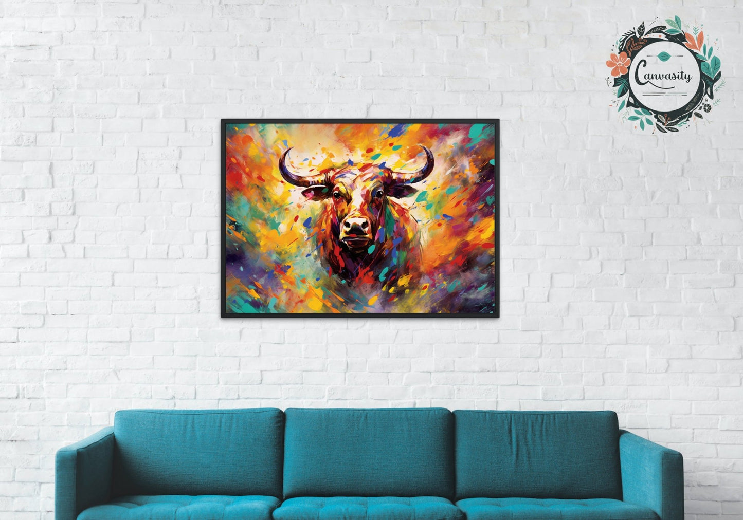 Bull Charging Through Colourful Mist Print - Unframed - Matte Paper - Colourful wall art by Canvasity Crafts