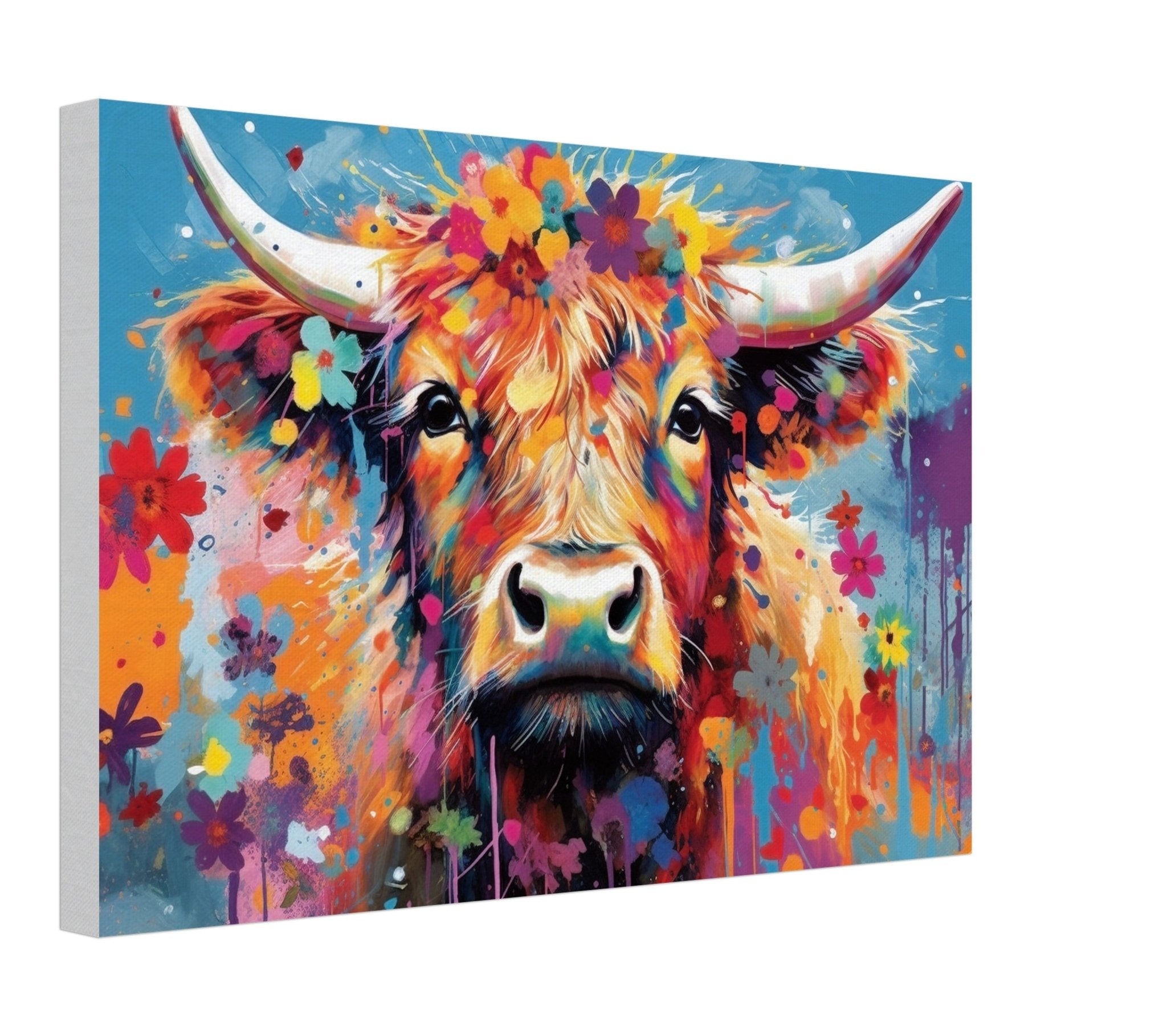 Colourful Floral Highland Cow - Stretched Canvas - Canvas - Colourful wall art by Canvasity Crafts