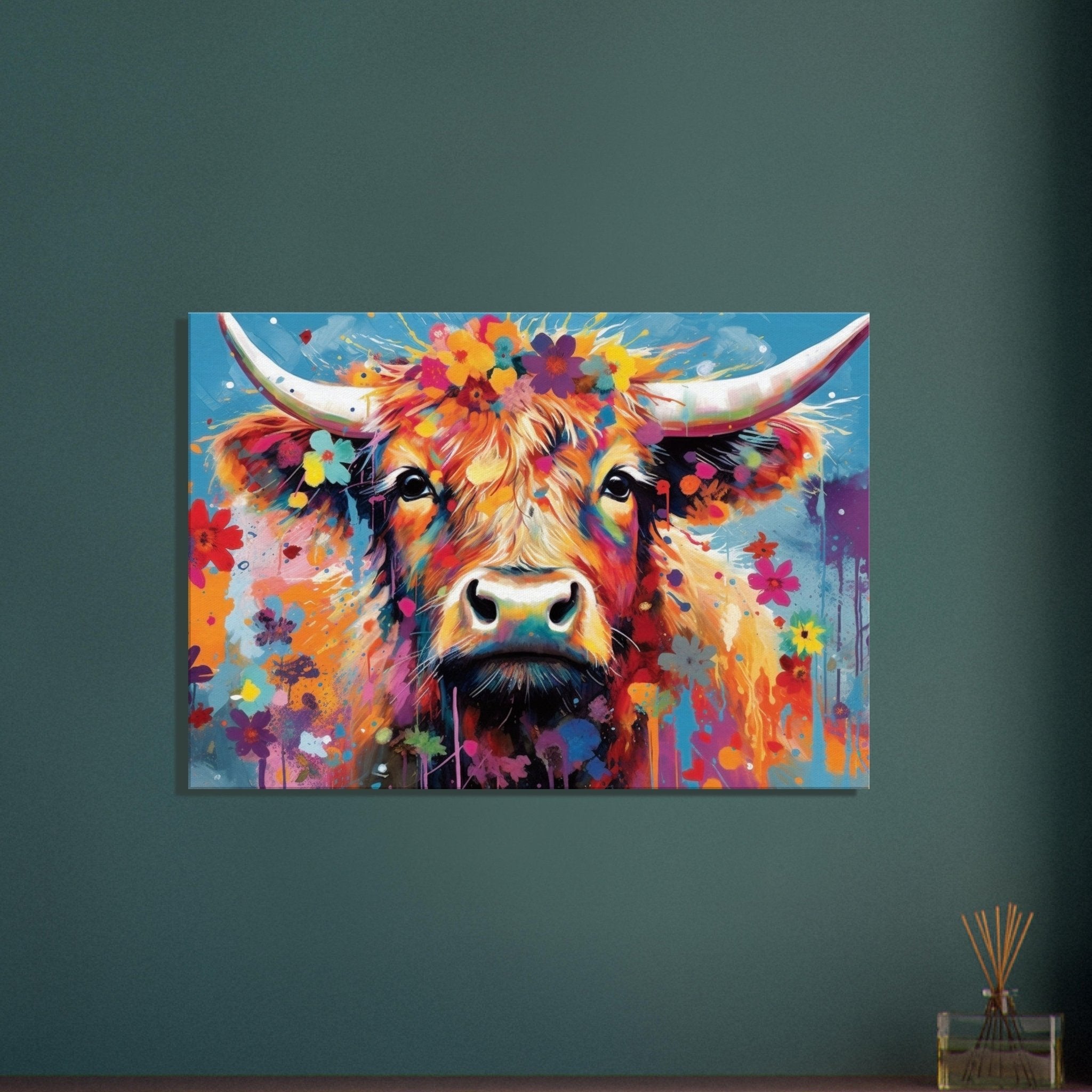 Colourful Floral Highland Cow - Stretched Canvas - Canvas - Colourful wall art by Canvasity Crafts