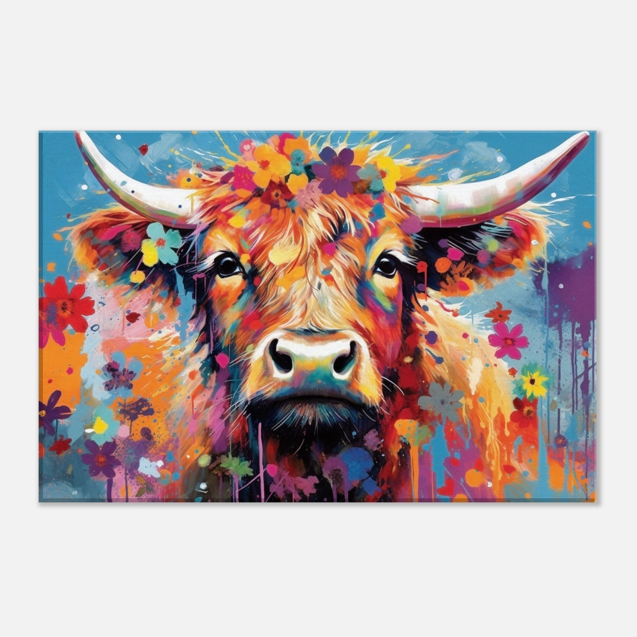 Colourful Floral Highland Cow - Stretched Canvas - Canvas - Colourful wall art by Canvasity Crafts