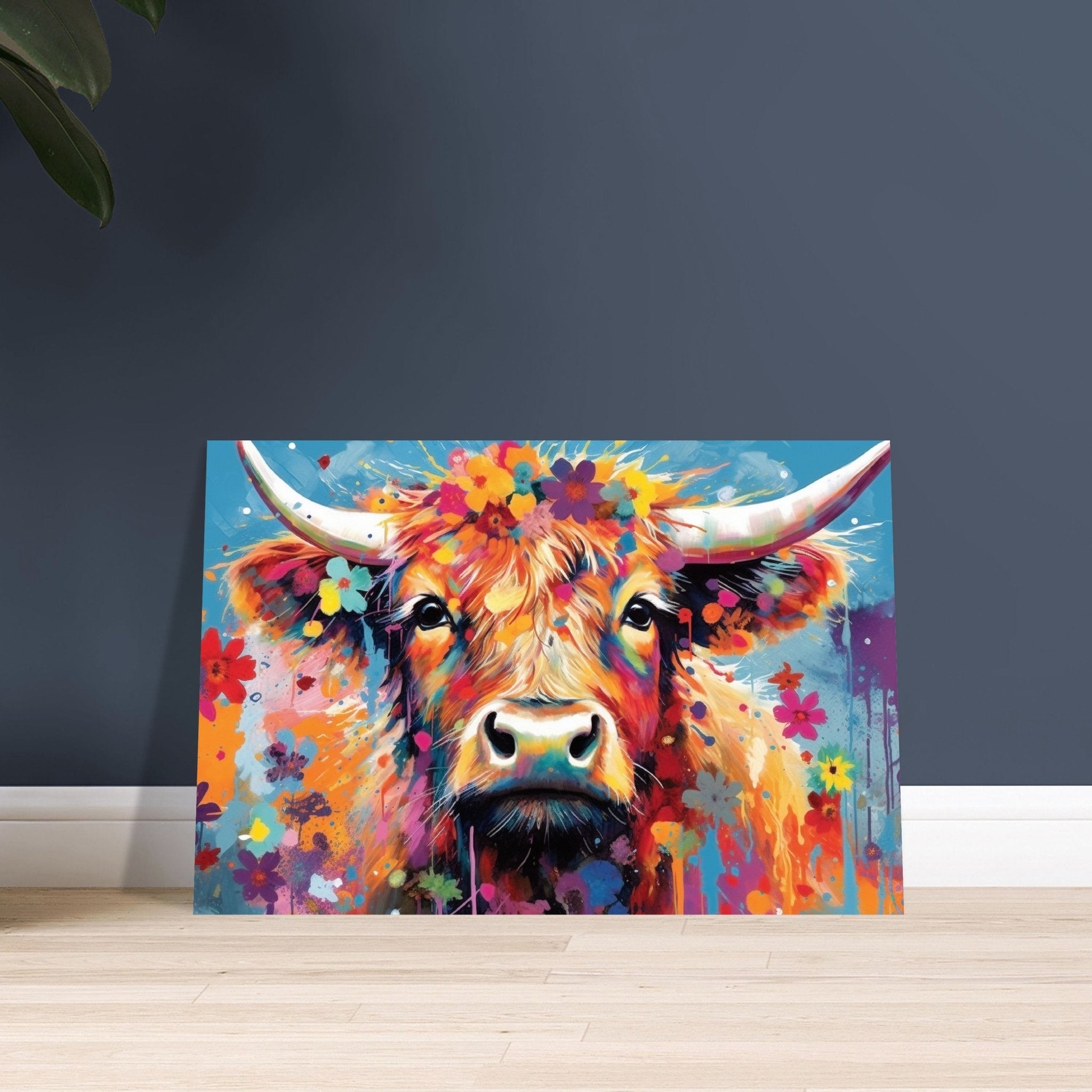 Colourful Floral Highland Cow - Stretched Canvas - Canvas - Colourful wall art by Canvasity Crafts