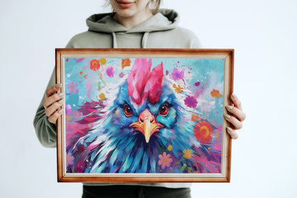 Cute Chicken Print in Blues and Pinks - Unframed - Matte Paper - Colourful wall art by Canvasity Crafts