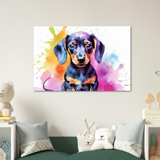Dachshund Puppy Poster - Free Shipping! Colorful Watercolor Nursery Puppy Print, Animal Wall Art Gift for Dog Lovers, Doxie Mom, Dad - Posters - Colourful wall art by Canvasity Crafts