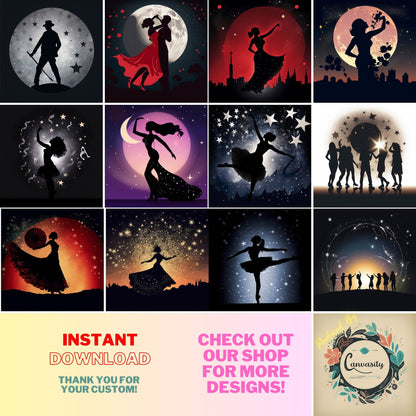 Dance Under The Stars Clipart. 15 High Quality JPGs silhouettes starry sky. Instant Download Commercial Use. Salsa, Breakdance, Tap, Ballet - Clipart - Colourful wall art by Canvasity Crafts