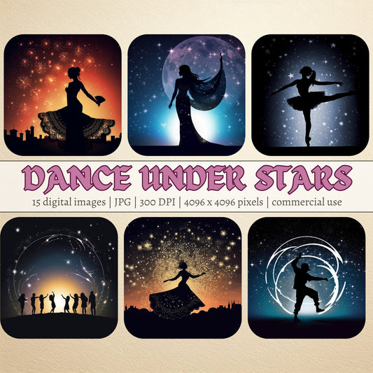 Dance Under The Stars Clipart. 15 High Quality JPGs silhouettes starry sky. Instant Download Commercial Use. Salsa, Breakdance, Tap, Ballet - Clipart - Colourful wall art by Canvasity Crafts