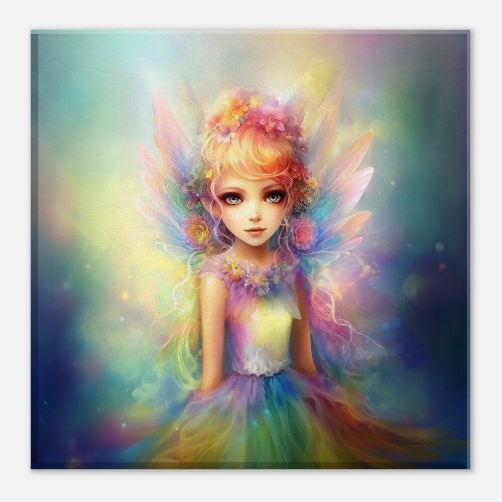 Enchanting Rainbow Pixie Fairy Canvas Print - Square Wall Art Painting Picture for kids room, teen gift, daughter present - Canvas - Colourful wall art by Canvasity Crafts