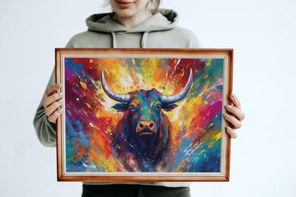 Explosive Charging Bull Print - Unframed - Matte Paper - Colourful wall art by Canvasity Crafts