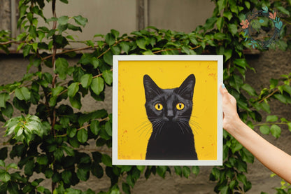 Eye Catching Black Cat on Orange Yellow Background - Unframed Premium Print - Matte Paper - Colourful wall art by Canvasity Crafts