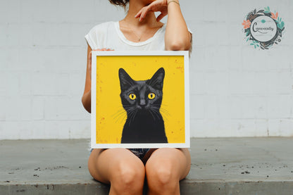 Eye Catching Black Cat on Orange Yellow Background - Unframed Premium Print - Matte Paper - Colourful wall art by Canvasity Crafts