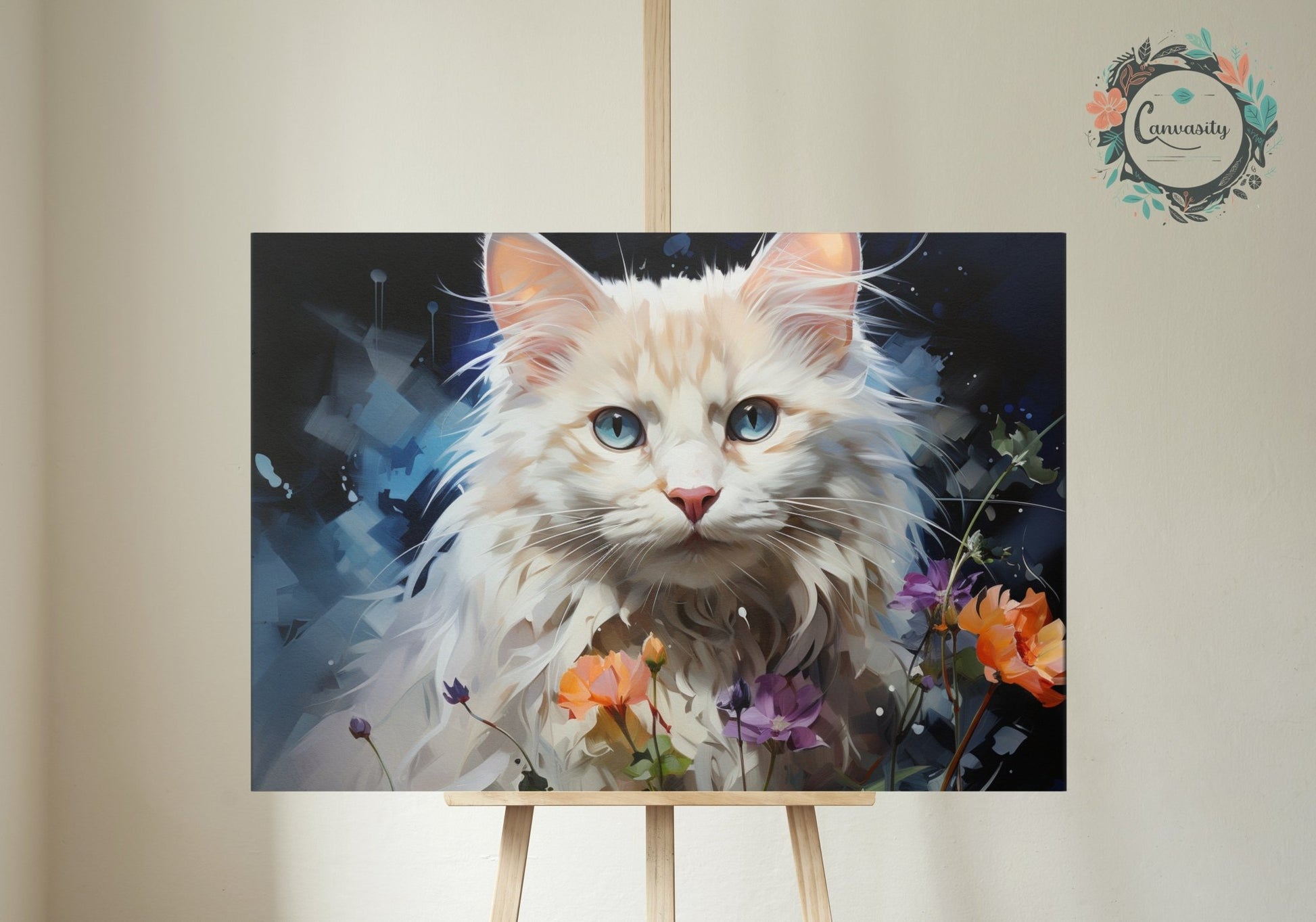 Fluffy White Cat with Blue Eyes, Surrounded by Flowers - Unframed Print - Matte Paper - Colourful wall art by Canvasity Crafts