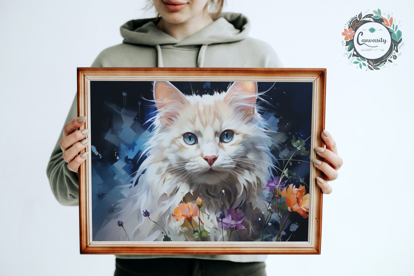 Fluffy White Cat with Blue Eyes, Surrounded by Flowers - Unframed Print - Matte Paper - Colourful wall art by Canvasity Crafts