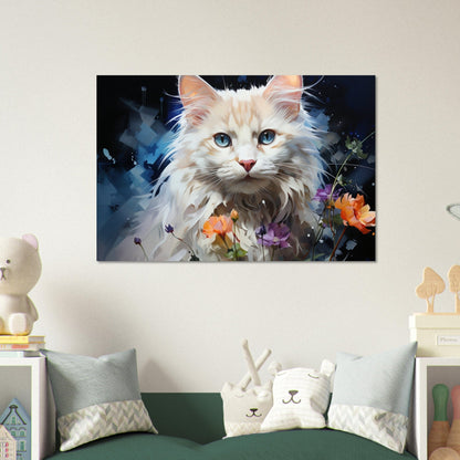 Fluffy White Cat with Blue Eyes, Surrounded by Flowers - Unframed Print - Matte Paper - Colourful wall art by Canvasity Crafts