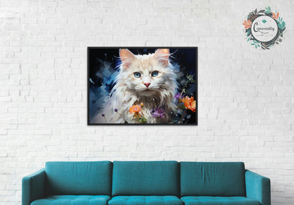 Fluffy White Cat with Blue Eyes, Surrounded by Flowers - Unframed Print - Matte Paper - Colourful wall art by Canvasity Crafts