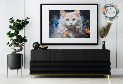 Fluffy White Cat with Blue Eyes, Surrounded by Flowers - Unframed Print - Matte Paper - Colourful wall art by Canvasity Crafts