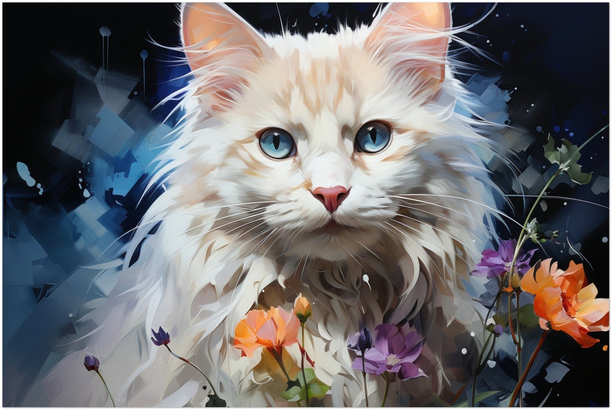 Fluffy White Cat with Blue Eyes, Surrounded by Flowers - Unframed Print - Matte Paper - Colourful wall art by Canvasity Crafts