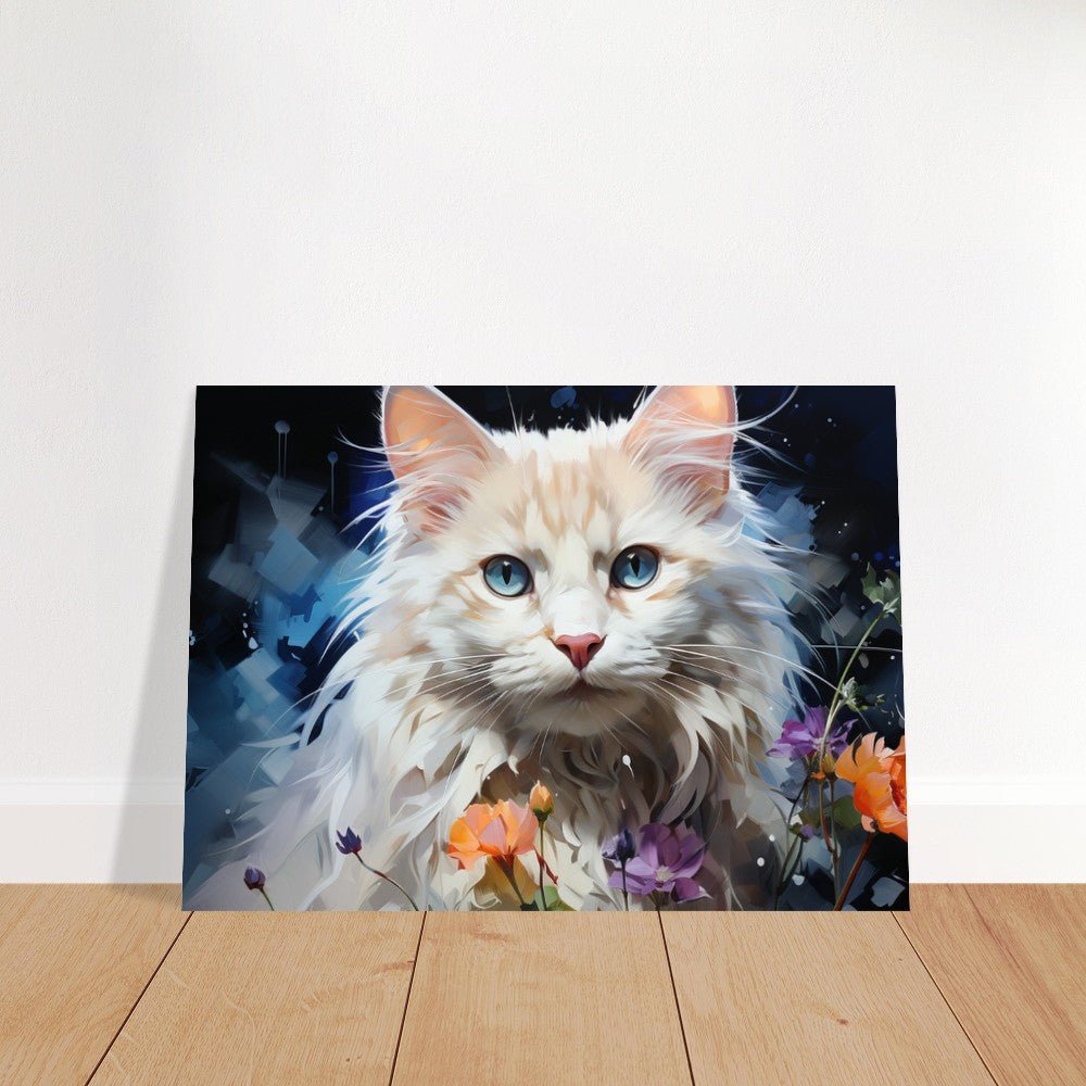 Fluffy White Cat with Blue Eyes, Surrounded by Flowers - Unframed Print - Matte Paper - Colourful wall art by Canvasity Crafts