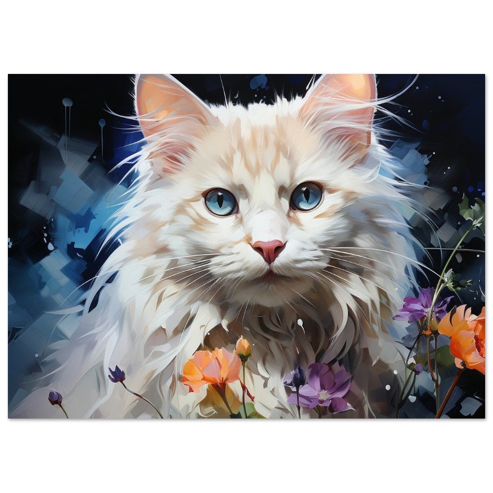 Fluffy White Cat with Blue Eyes, Surrounded by Flowers - Unframed Print - Matte Paper - Colourful wall art by Canvasity Crafts