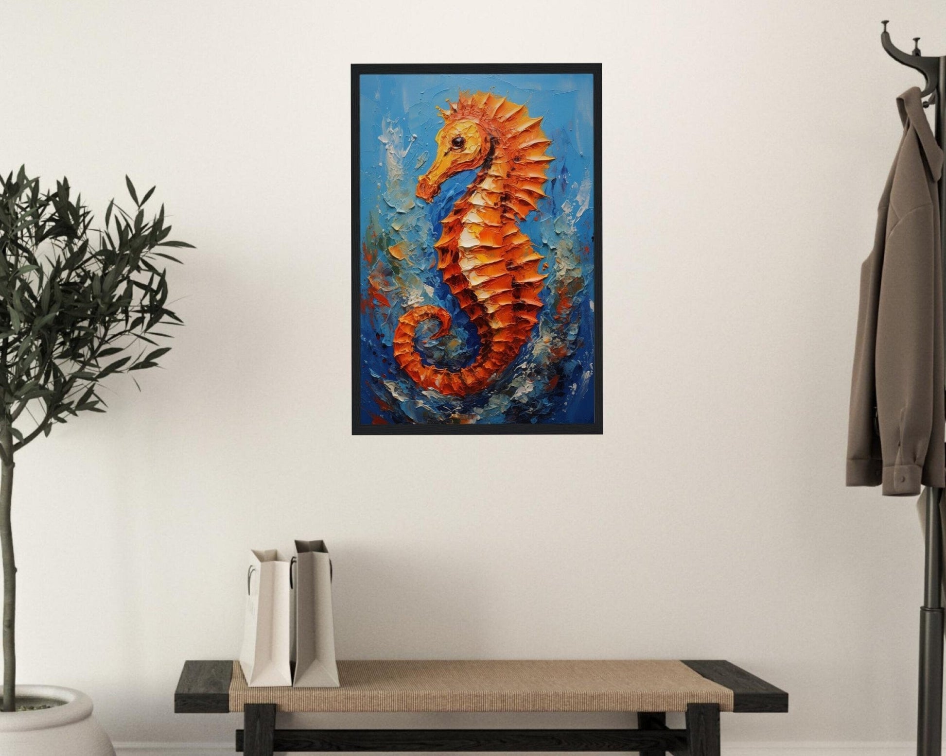 Golden Seahorse Print, Colourful Pallet Knife Sea Horse Painting Poster, Rainbow Sealife Wall Art, Nautical Gift, Coastal Seaside Picture - Posters - Colourful wall art by Canvasity Crafts