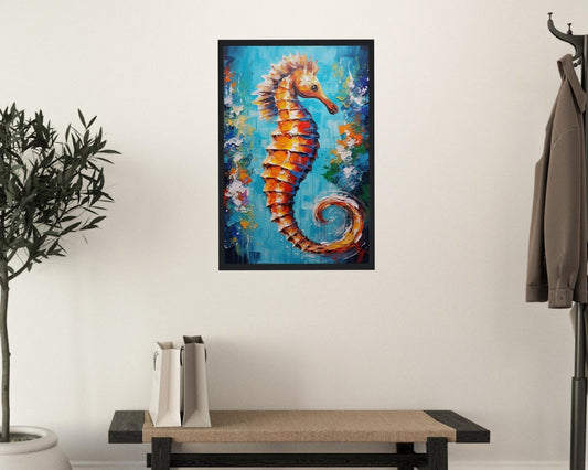 Golden Seahorse Print, Colourful Pallet Knife Sea Horse Painting Poster, Rainbow Sealife Wall Art, Nautical Gift, Coastal Seaside Picture - Posters - Colourful wall art by Canvasity Crafts