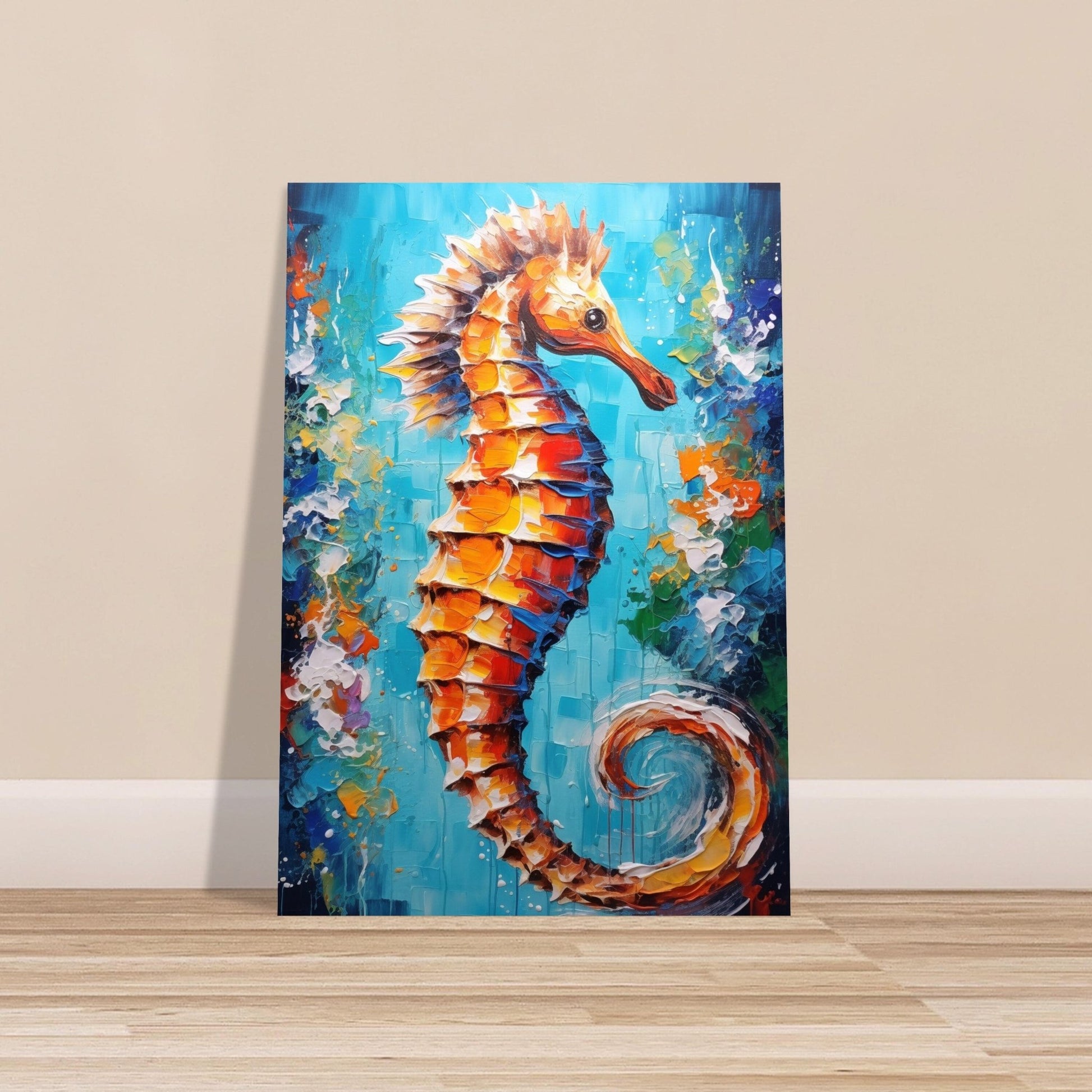 Golden Seahorse Print, Colourful Pallet Knife Sea Horse Painting Poster, Rainbow Sealife Wall Art, Nautical Gift, Coastal Seaside Picture - Posters - Colourful wall art by Canvasity Crafts