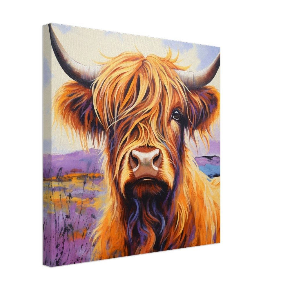 Highland Cow Canvas Print. Lavender Wall Art Oil Painting Picture for Farmers, Home Office, Living Room Decor, Cow lover, Mom. Farm Art - Canvas - Colourful wall art by Canvasity Crafts