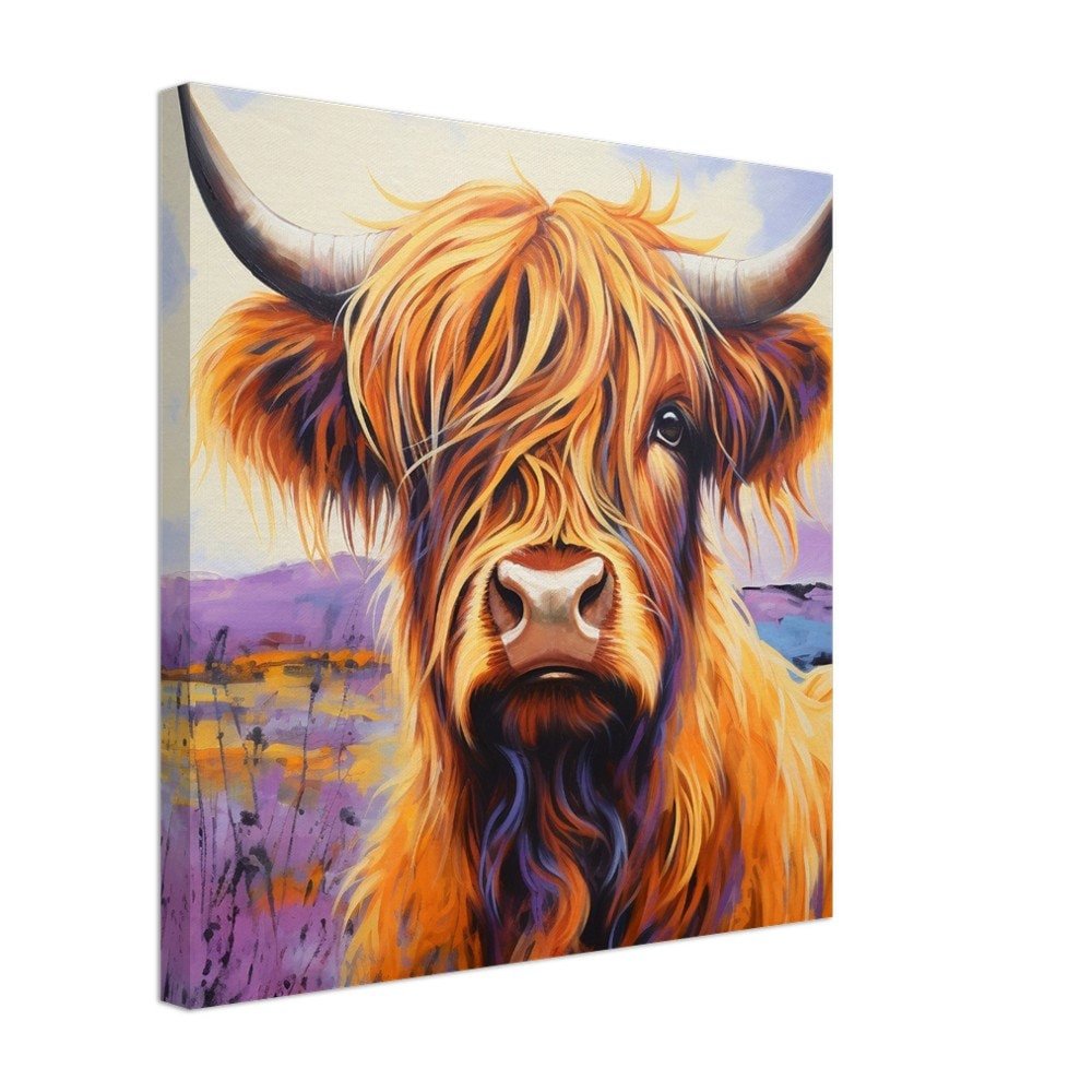 Highland Cow Canvas Print. Lavender Wall Art Oil Painting Picture for Farmers, Home Office, Living Room Decor, Cow lover, Mom. Farm Art - Canvas - Colourful wall art by Canvasity Crafts