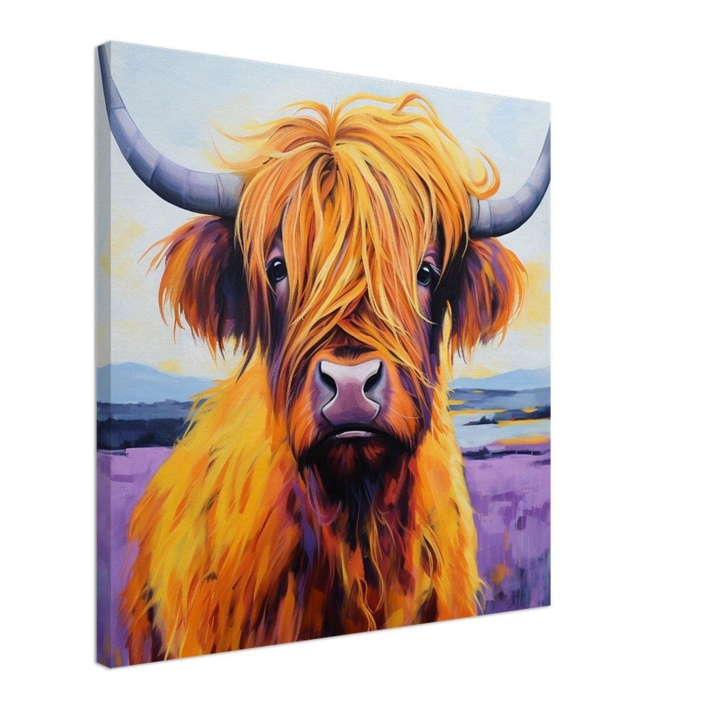 Highland Cow Canvas Wrap Lavender Wall Art Print Picture for Farmers, Home Office, Living Room Decor, Cow lover, Mom. Farm Art - Canvas - Colourful wall art by Canvasity Crafts