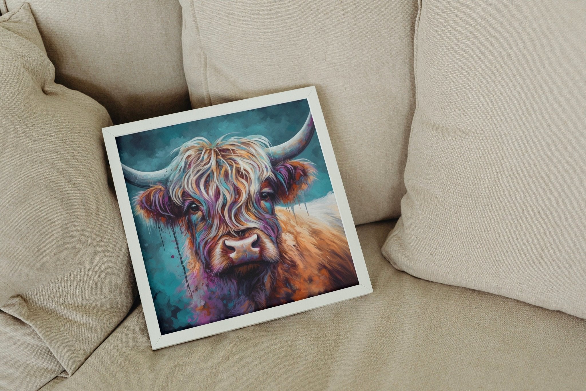 Highland Cow Premium Print - Unframed Poster - Misty Wildlife Animal Wall Art Painting, Farm Art Gift for Farmer, Mom, Dad. Home Decor - Posters - Colourful wall art by Canvasity Crafts