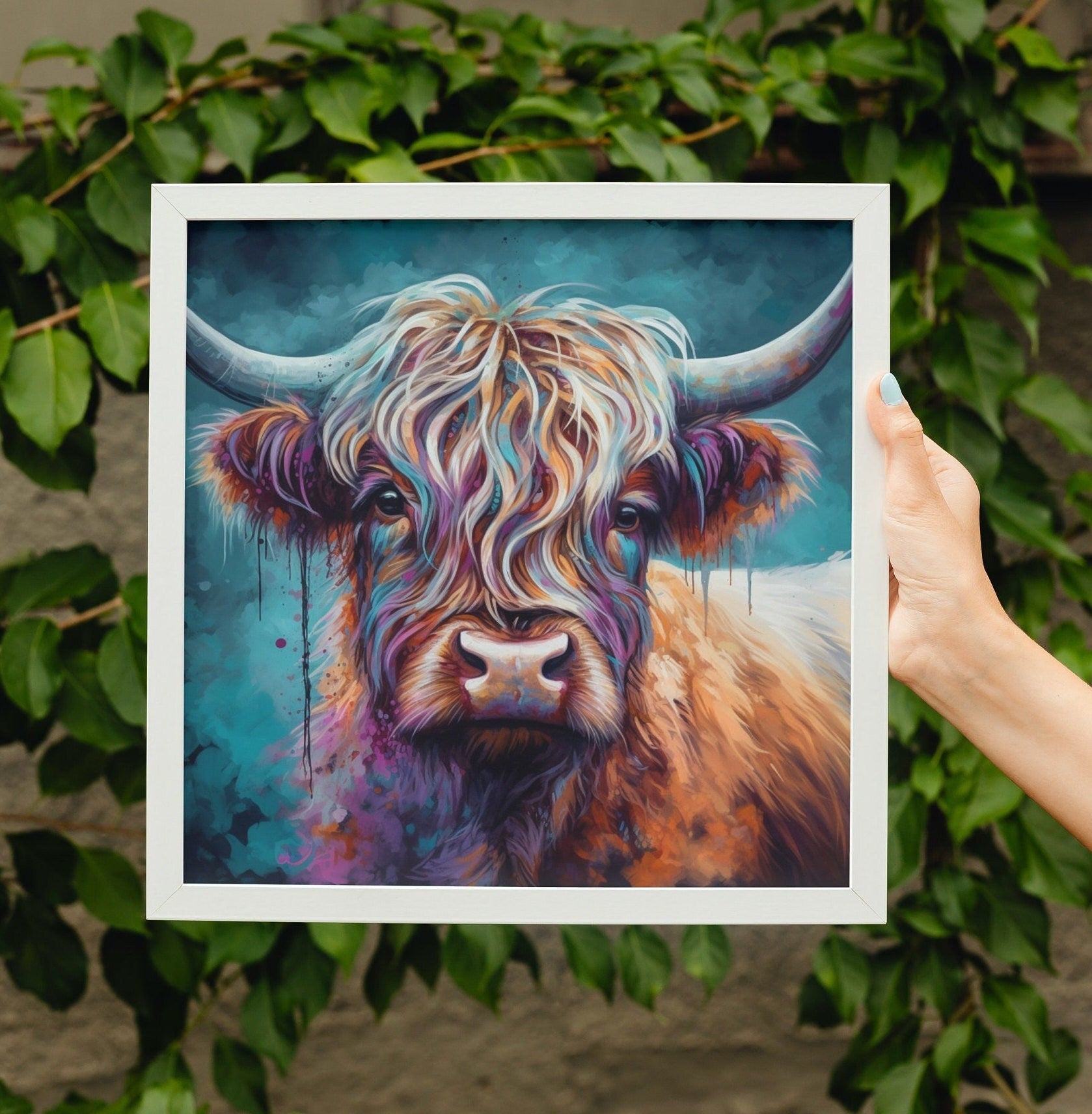 Highland Cow Premium Print - Unframed Poster - Misty Wildlife Animal Wall Art Painting, Farm Art Gift for Farmer, Mom, Dad. Home Decor - Posters - Colourful wall art by Canvasity Crafts