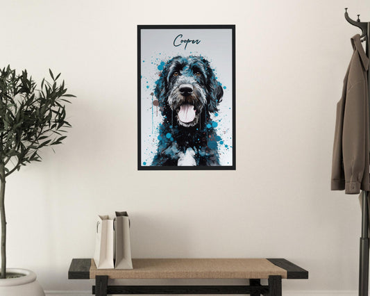 Personalized Pet Name Black Labradoodle Blue Goldendoodle Poster Print. Watercolor Pet Portrait Painting Gift for Doodle Mom, Dad. Abstract