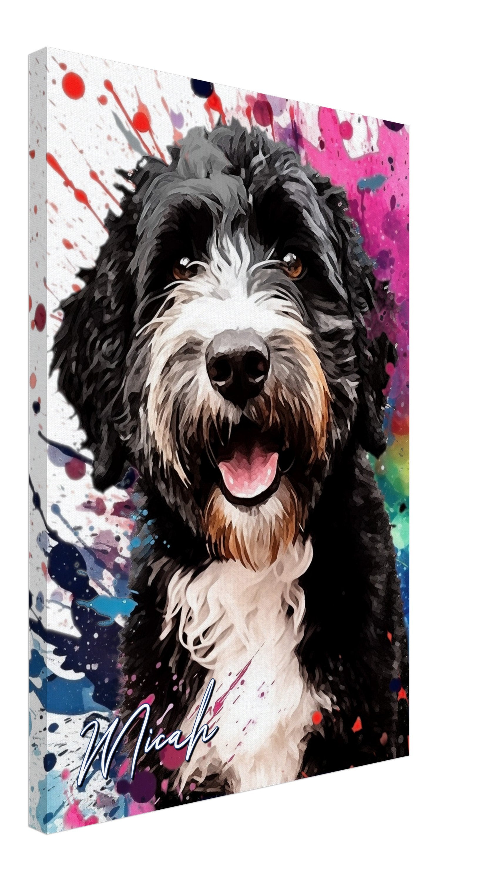 Jonty, Rigsby and Micah on Canvas. Colourful Paint Splash Bernedoodle and Sheparnese Dog Art & Prints - CanvasityCrafts - Free Shipping