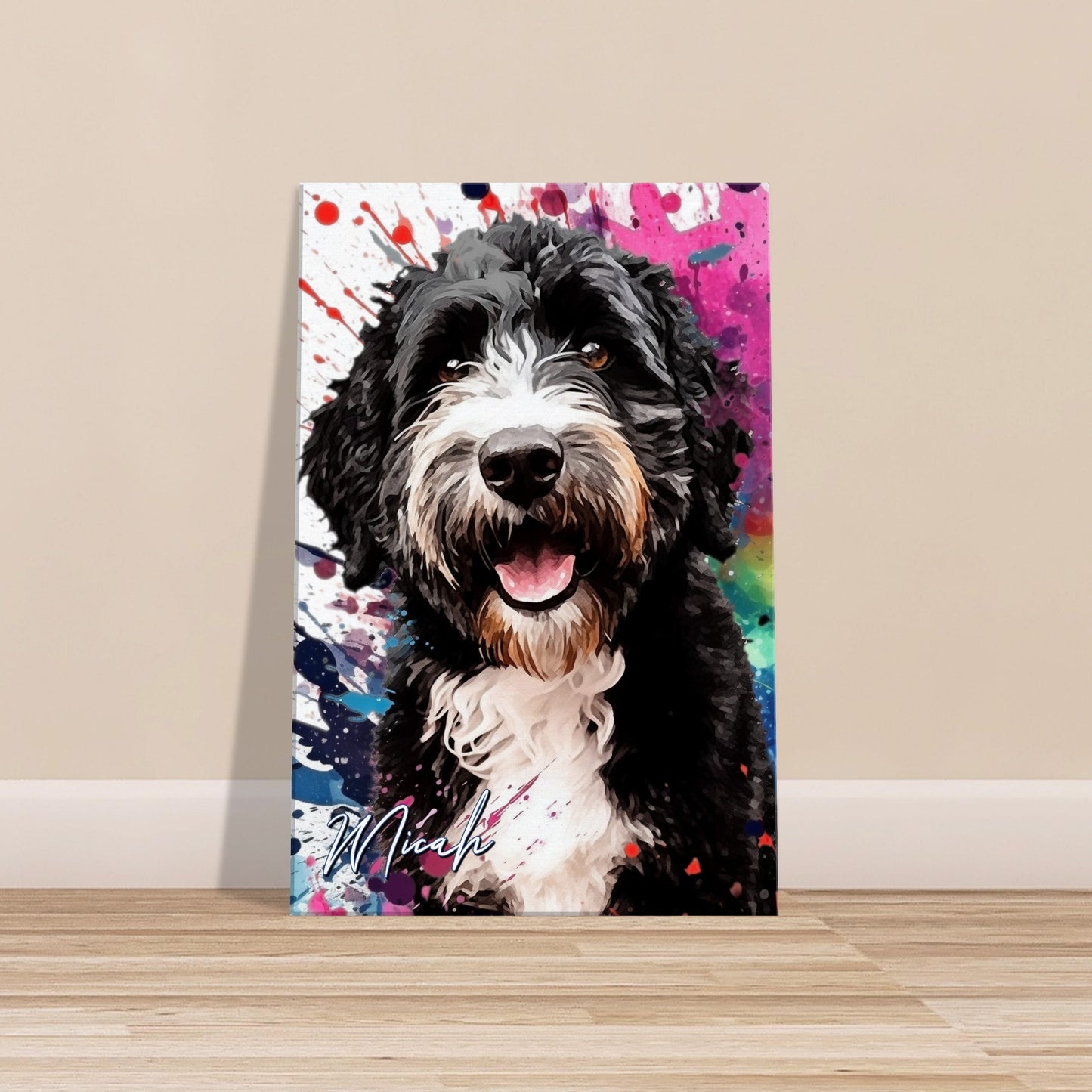 Jonty, Rigsby and Micah on Canvas. Colourful Paint Splash Bernedoodle and Sheparnese Dog Art & Prints - CanvasityCrafts - Free Shipping