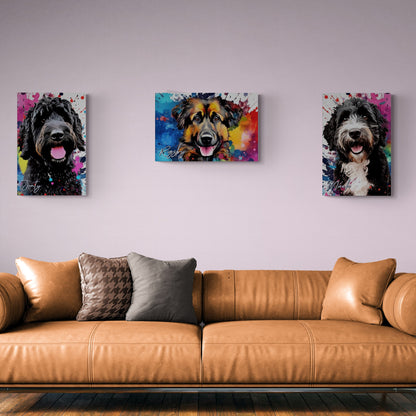 Jonty, Rigsby and Micah on Canvas. Colourful Paint Splash Bernedoodle and Sheparnese Dog Art & Prints - CanvasityCrafts - Free Shipping