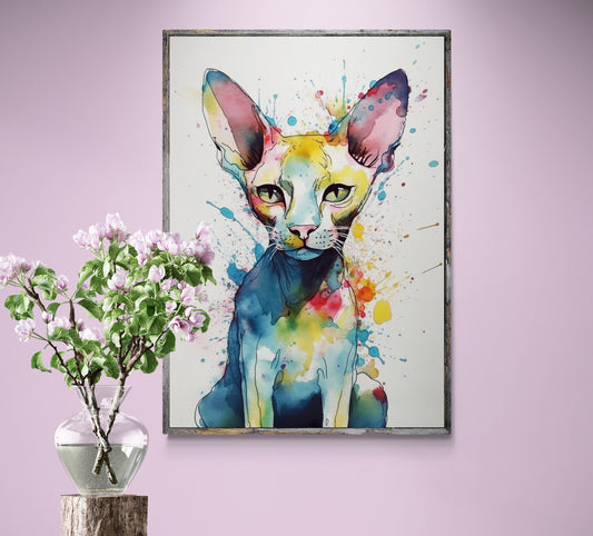 Watercolour Canadian Sphynx Cat Poster Print. Abstract Colourful Portrait Painting Gift for Hairless Cat Lovers. Paint Splash - CanvasityCrafts - Free Shipping