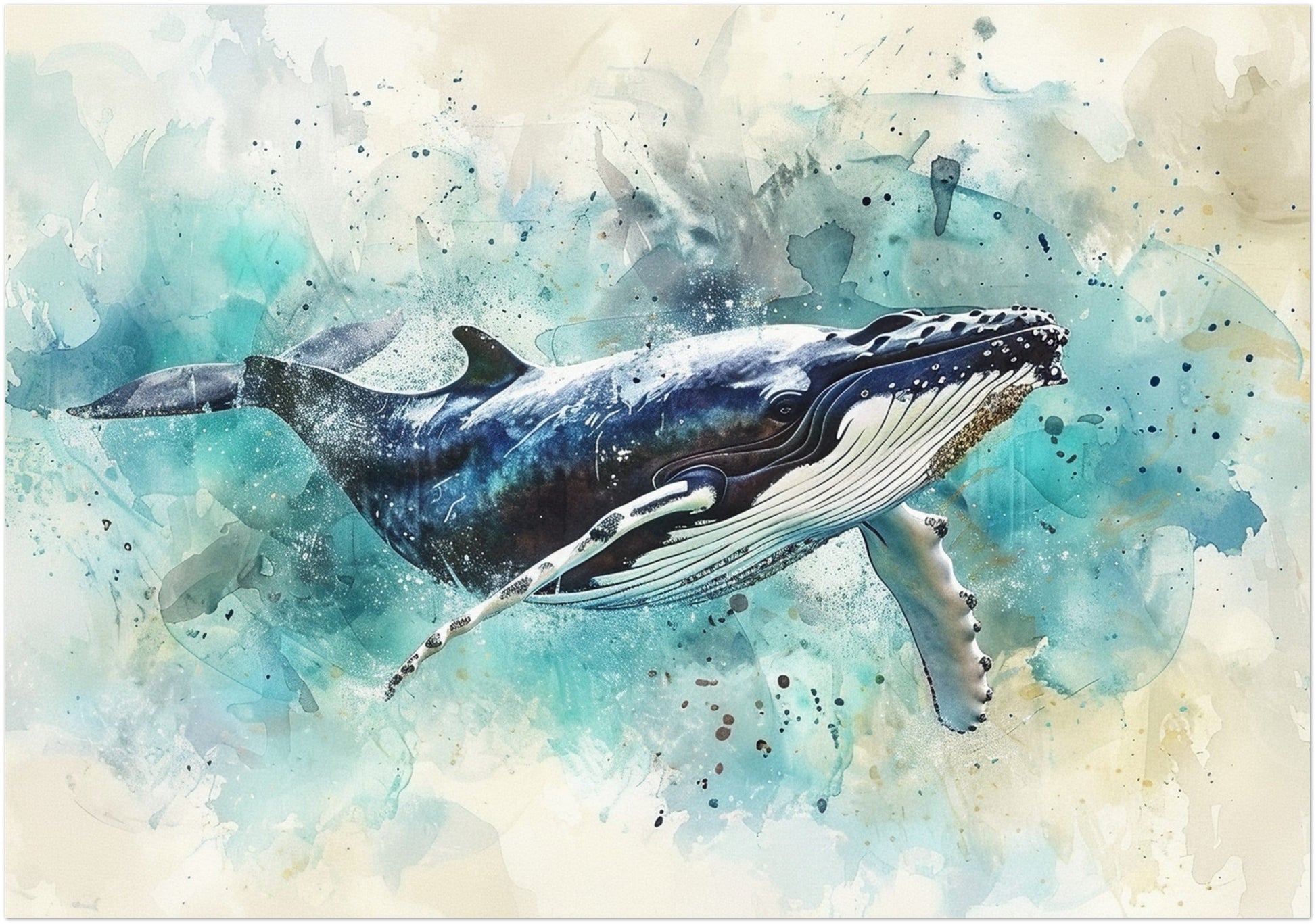 Watercolour Humpback Whale Painting. Unframed Whale Poster Print. Marine Animal, Nautical Decor Gift for Sea Life Lovers. Paint Splash - CanvasityCrafts - Free Shipping