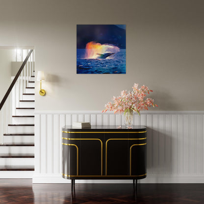 Humpback Whale in a Rainbow Mist Poster Print (Square). Marine Animal, Nautical Decor Sea Life Lovers Gift. Colourful realistic picture - CanvasityCrafts - Free Shipping